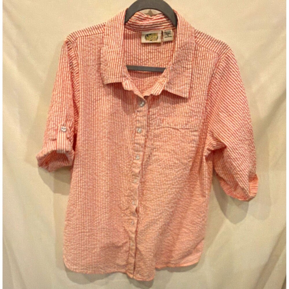 VNTG Collections Etc. Women’s XL Red White Striped Collared Roll Tab Button-Up